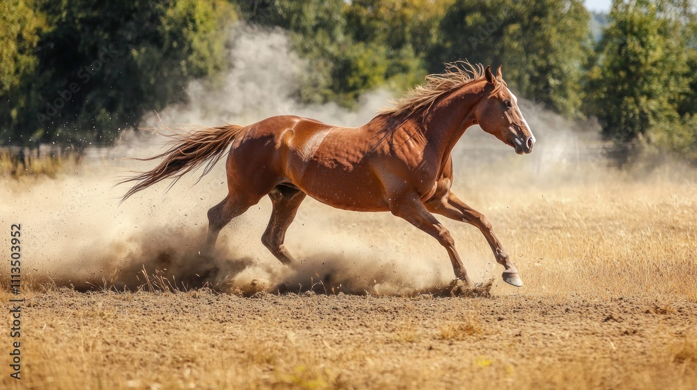 Fototapeta premium A horse galloping through a dry field, kicking up a cloud of dust under the bright afternoon sun.