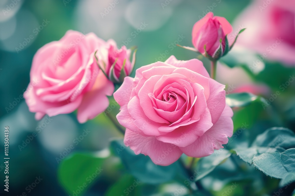 Three pink roses in bloom, buds, green leaves, blurred background. Three pink roses in bloom, buds, green leaves, blurred background.