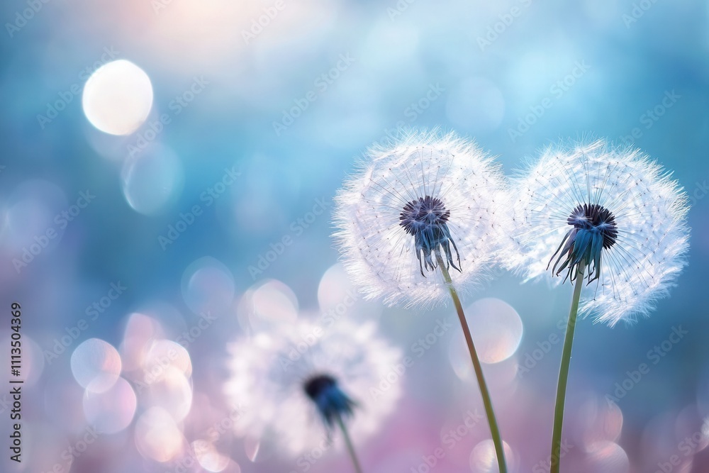 Two fluffy dandelion seed heads against a soft blue bokeh background. Two fluffy dandelion seed heads against a soft blue bokeh background.