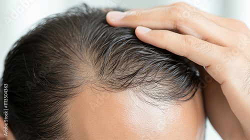 Person examining thinning hair in mirror, reflecting on aging and self-care. Embracing natural changes and prioritizing health and well-being.