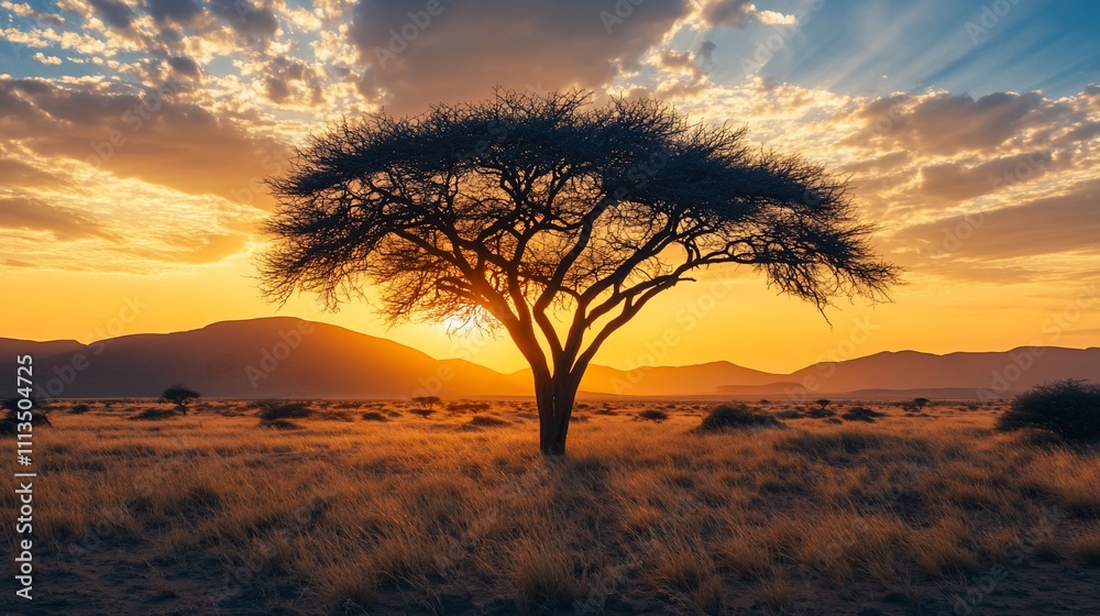 Dramatic sunset over African savanna with lone acacia tree. Dramatic sunset over African savanna with lone acacia tree.