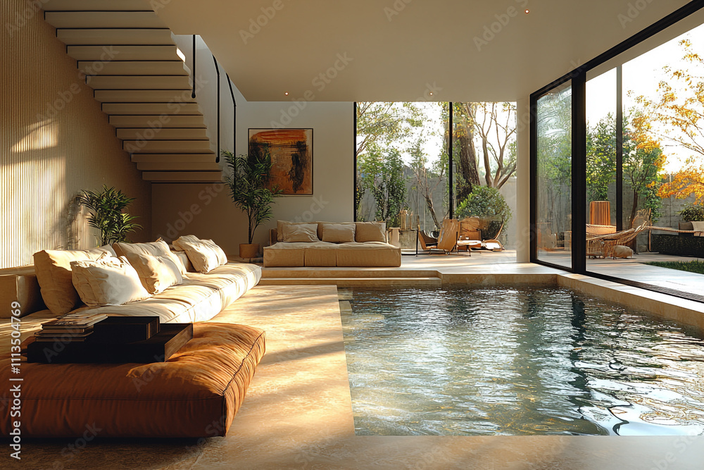 Fototapeta premium Modern Home Interior Design Featuring Indoor Pool