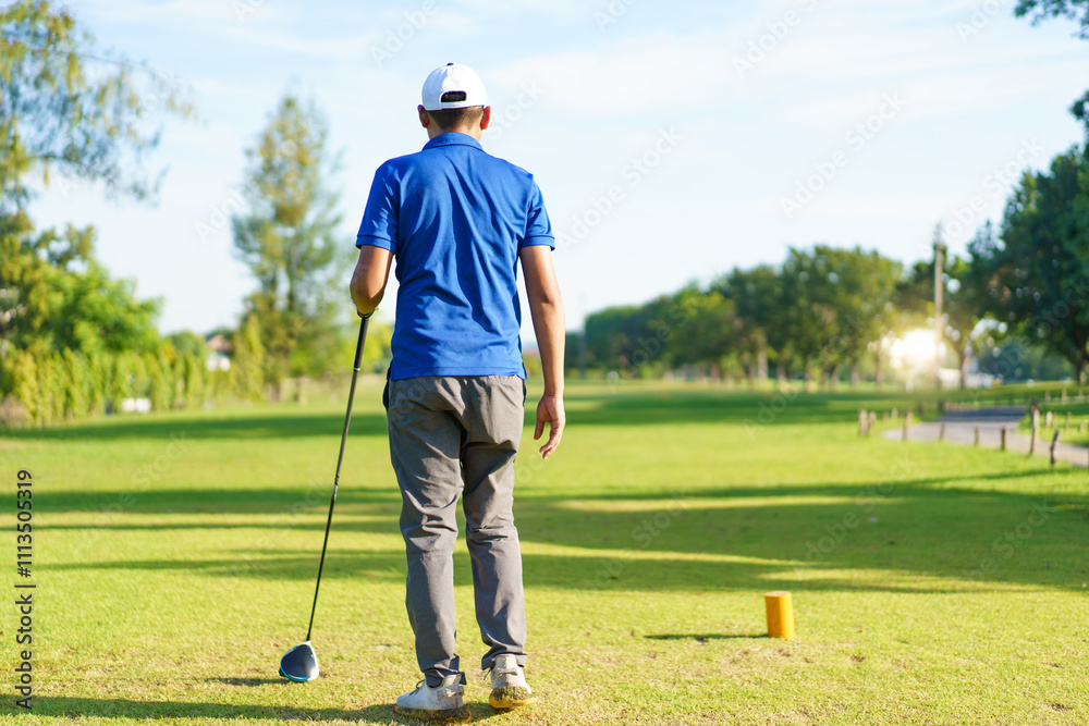 Fototapeta premium Asian man is playing golf in morning.