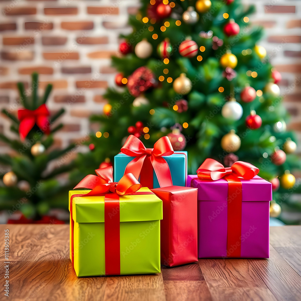 Colorful Gift Boxes with Christmas Tree and Brick Wall Colorful Gift Boxes with Christmas Tree and Brick Wall