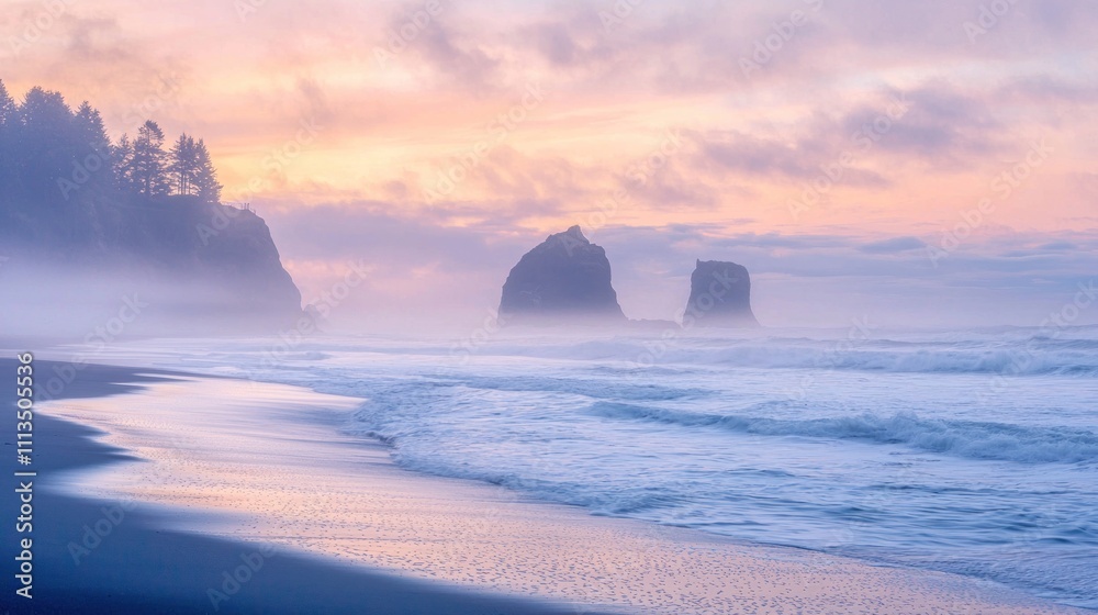A magical, foggy beach scene with soft waves and a pastel-colored sky, evoking a sense of calm and wonder.