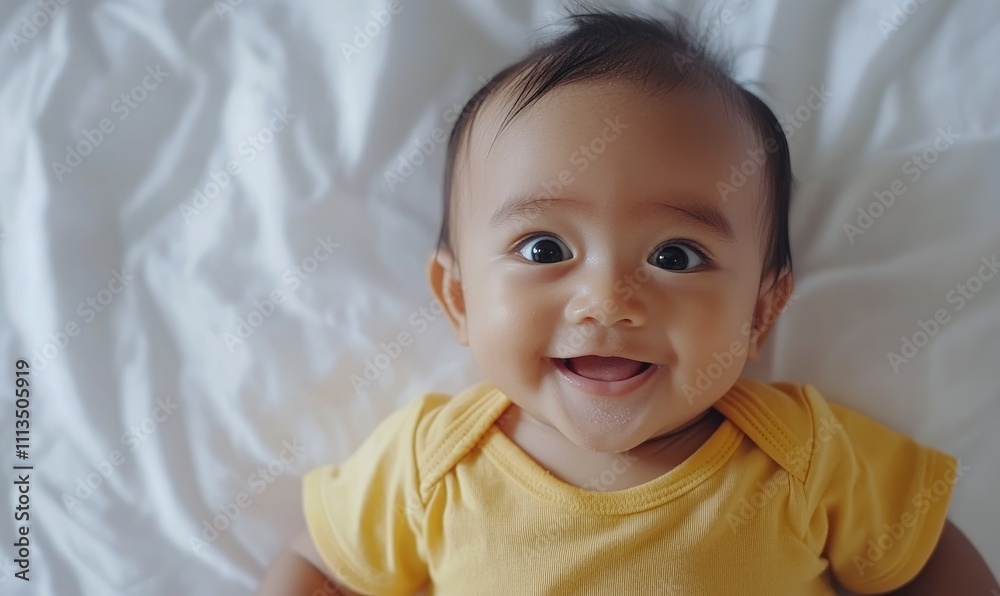 A smiling baby wearing a yellow shirt is laying on a bed A smiling baby wearing a yellow shirt is laying on a bed