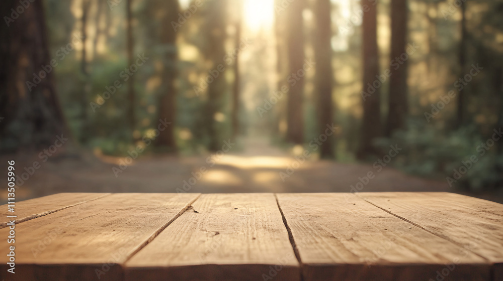 A wooden table with a natural finish is centered in the foreground. The blurred background reveals a forest path lined with tall, ancient trees, dappled sunlight playing on the ground, and a calm, A wooden table with a natural finish is centered in the foreground. The blurred background reveals a forest path lined with tall, ancient trees, dappled sunlight playing on the ground, and a calm,