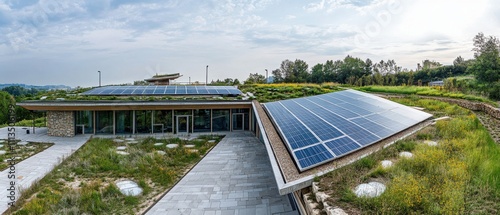 A panoramic view of a sustainable architecture project integrating solar panels and green roofs, Sustainable construction scene, Eco-friendly and innovative style photo