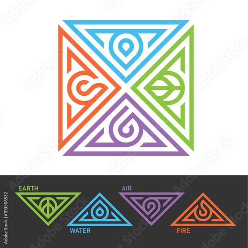 4 Elements of nature symbol - Earth, water, air and fire with sign with modern triangle line symbol in square shape chart vector design
