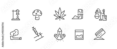 Drugs Icons Set. Set of 10 drugs trendy minimal icons. Examples: LSD, Marihuana, Syringe, Bong icon. Design signs for web page, mobile app, packaging design. Vector illustration 