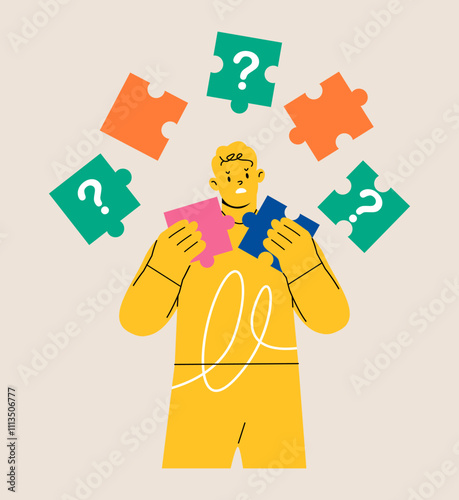 Confused man cannot put together a jigsaw puzzle. Problem solution and dilemma. Colorful vector illustration