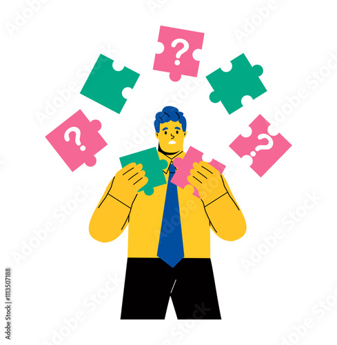 Confused business man cannot put together a jigsaw puzzle. Problem solution and dilemma. Flat vector illustration isolated on white background