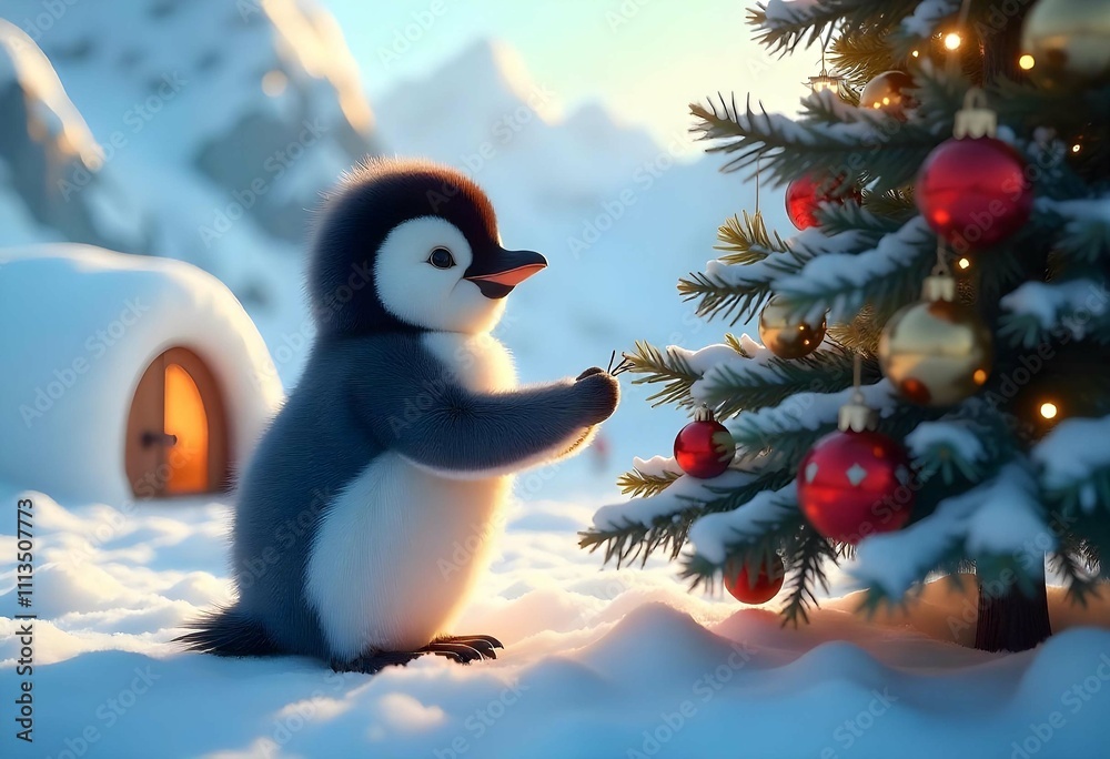 Obraz premium A 3D model of a cute young penguin Santa hats,gift box, ornaments, colorful Christmas tree,the essence of winter with snowy peaks small igloo in the background.