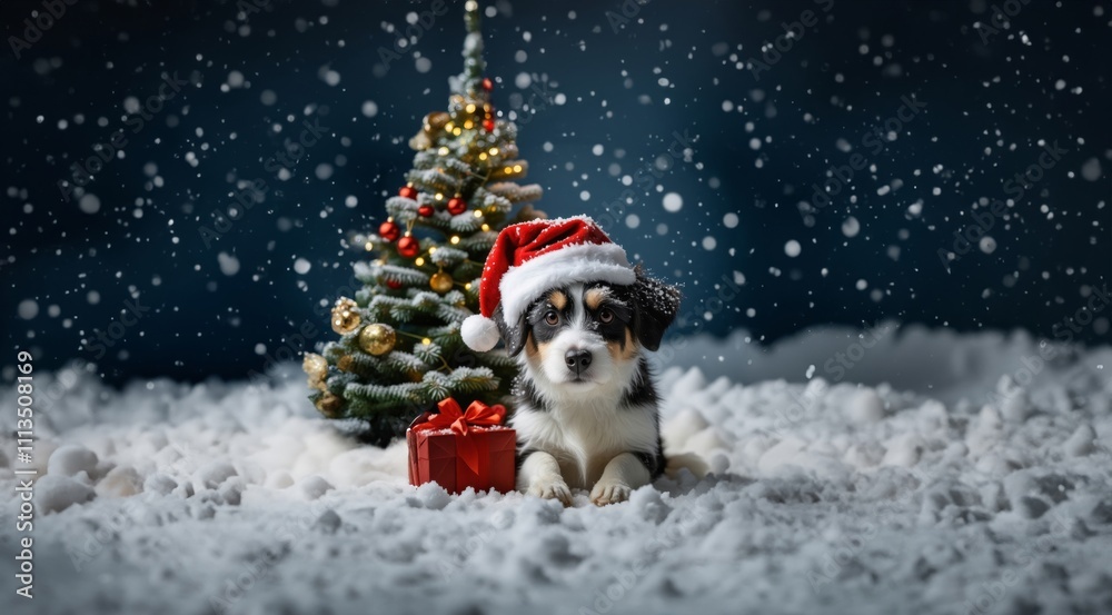 Funny Dog in Santa hat, Christmas Background. Dog puppy in red Santa hat with Christmas gift on winter greeting card. Puppy dog in Christmas Santa hat near Christmas tree. Banner for winter holidays. Funny Dog in Santa hat, Christmas Background. Dog puppy in red Santa hat with Christmas gift on winter greeting card. Puppy dog in Christmas Santa hat near Christmas tree. Banner for winter holidays.