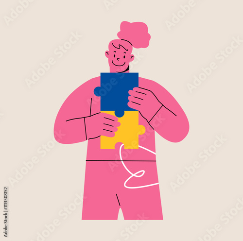 Woman connecting jigsaw puzzle together. Imagination process concept. Colorful vector illustration