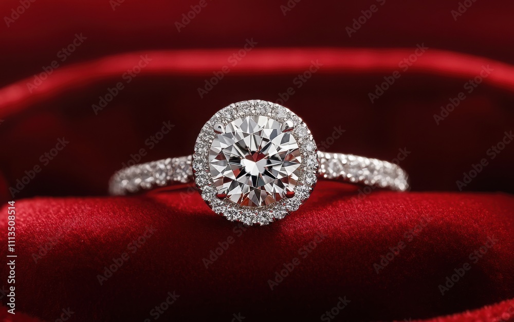 A close-up of an engagement ring in a velvet box, with the sparkling diamond and detailed band in focus, against a bold red background. A close-up of an engagement ring in a velvet box, with the sparkling diamond and detailed band in focus, against a bold red background.