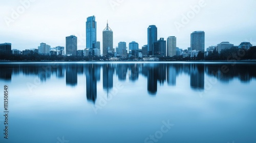 Reflective urban skyline at dusk cityscape photography waterfront view tranquil environment for city aesthetics