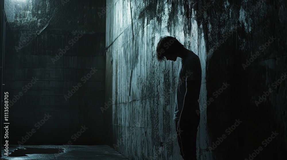 A person standing alone in an empty, dark alley, gazing downward with a defeated expression