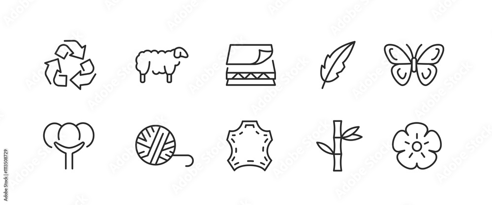 Fototapeta premium Fabric Materials icons. Set of 10 trendy minimal icons showcasing natural and synthetic materials used in fabric and textile production. Example: Cotton, Leather, Wool, Silk icons. Vector illustration