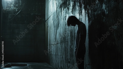 Obraz na płótnie A person standing alone in an empty, dark alley, gazing downward with a defeated expression w salonie