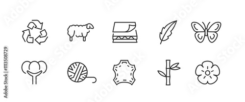 Fabric Materials icons. Set of 10 trendy minimal icons showcasing natural and synthetic materials used in fabric and textile production. Example: Cotton, Leather, Wool, Silk icons. Vector illustration