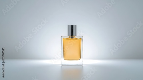 Elegant Glass Perfume Bottle with Amber Liquid on Minimalistic Background, Ideal for Fragrance Branding and Advertising Concepts