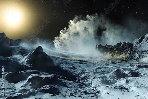 Alien landscape with mountains and a glowing sun in space. photo