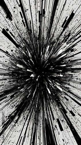 Shattering particles in black and white abstract background illustration design, burst of shadowlike objects in light photo