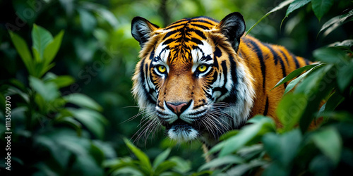 Fototapeta Naklejka Na Ścianę i Meble -  Dangerous tiger animal green leaves, Tiger looking the camera, jungle, orange tiger