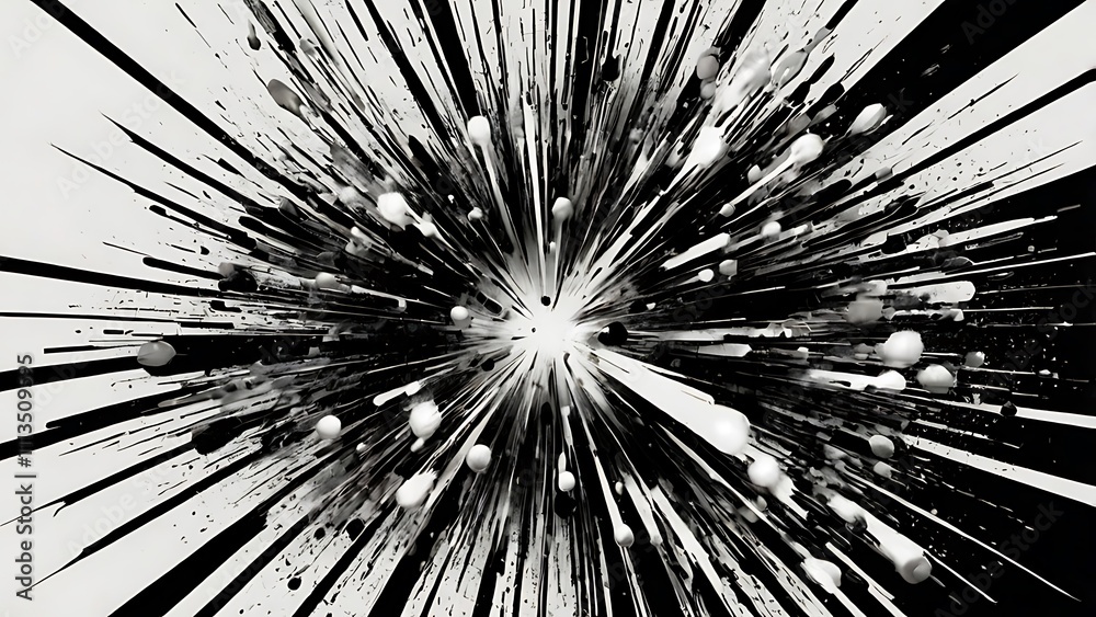 Obraz premium Shattering particles in black and white abstract background illustration design, burst of shadowlike objects in light