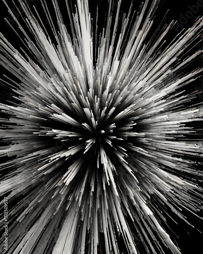 Shattering particles in black and white abstract background illustration design, burst of shadowlike objects in light photo