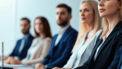 A focused group of professionals seated in a modern office setting, attentively engaged in a discussion or presentation.