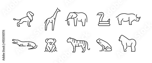 Exotic Animal icons. Set of 10 trendy minimal animal icons. Example: Lion, Giraffe, Tiger, Snake, Gorilla icons. Design signs for web page, mobile app, packaging design. Vector illustration.
