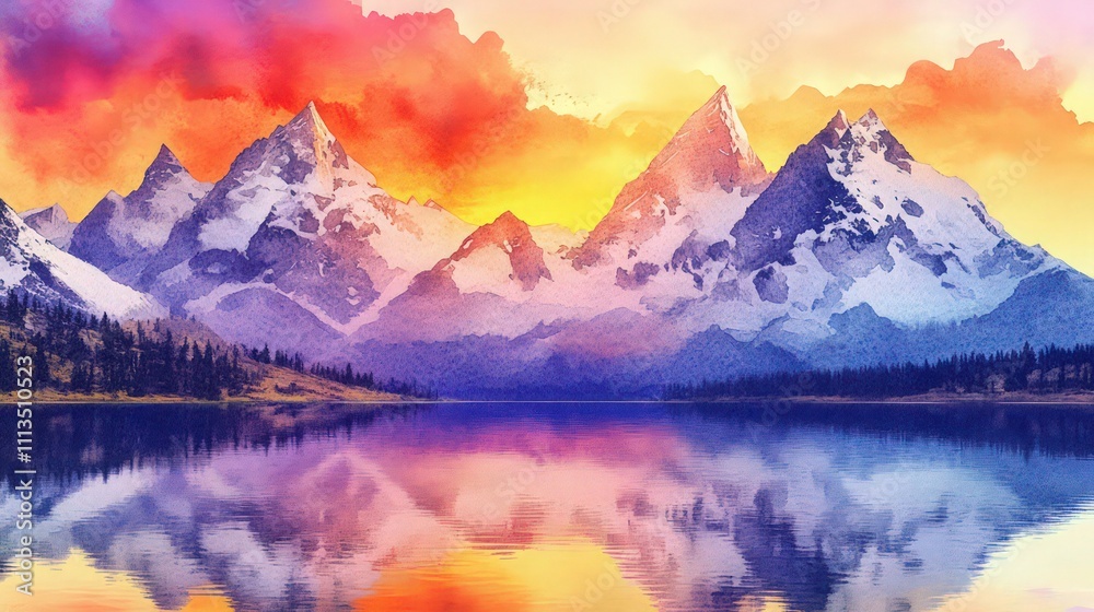 A vibrant watercolor of a majestic mountain range at sunrise, with peaks covered in snow and the sky painted in shades of orange, pink, and purple. A calm lake reflects the scene below. A vibrant watercolor of a majestic mountain range at sunrise, with peaks covered in snow and the sky painted in shades of orange, pink, and purple. A calm lake reflects the scene below.