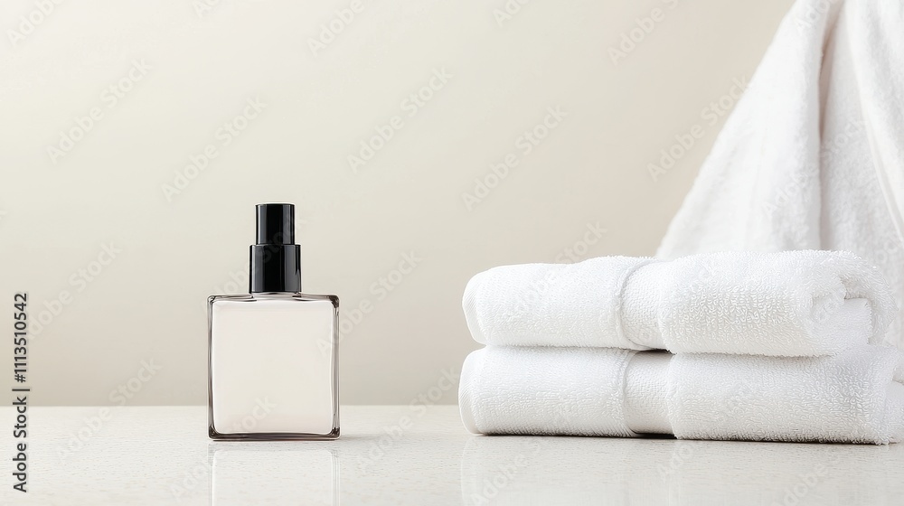Elegant and Minimalist Arrangement of a Fragrance Bottle Next to Soft White Towels on a Contemporary Bathroom Countertop Elegant and Minimalist Arrangement of a Fragrance Bottle Next to Soft White Towels on a Contemporary Bathroom Countertop