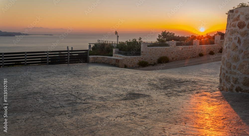 cgi backplate production.Asphalt parking lot with railings and view of islands and sea