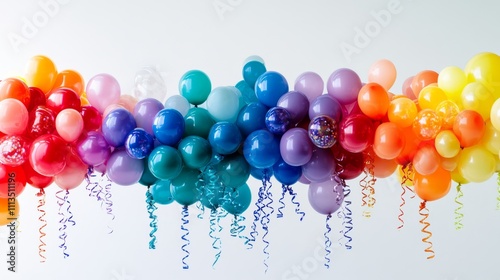 Colorful balloon garland with rainbow gradient and streamers photo