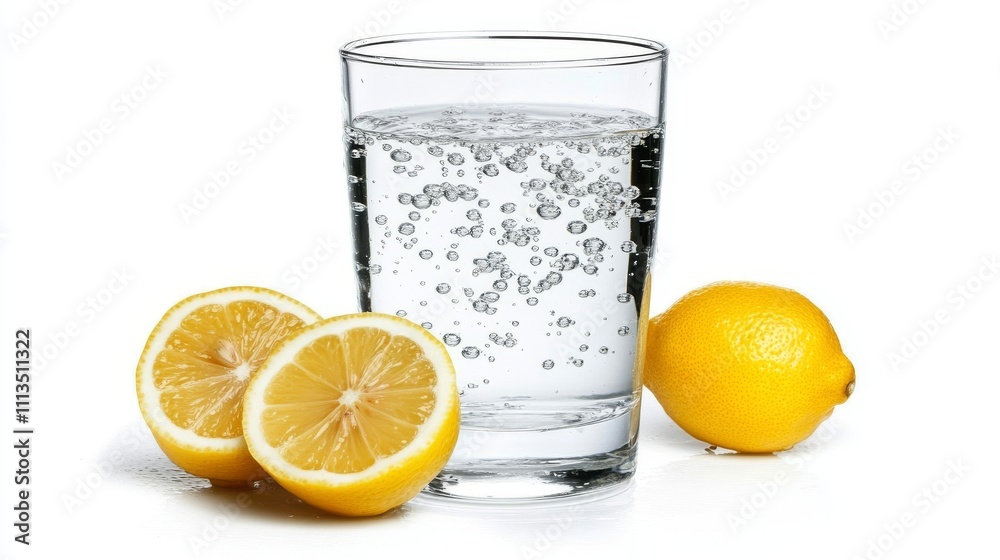 Refreshing glass of sparkling water with lemons on white background