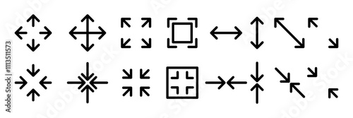 Large big screen display icon set. Compact, scalability, arrow mark, full screen, display screen size inch, Minimize and maximize, small and big display lcd line icons vector isolated illustration.