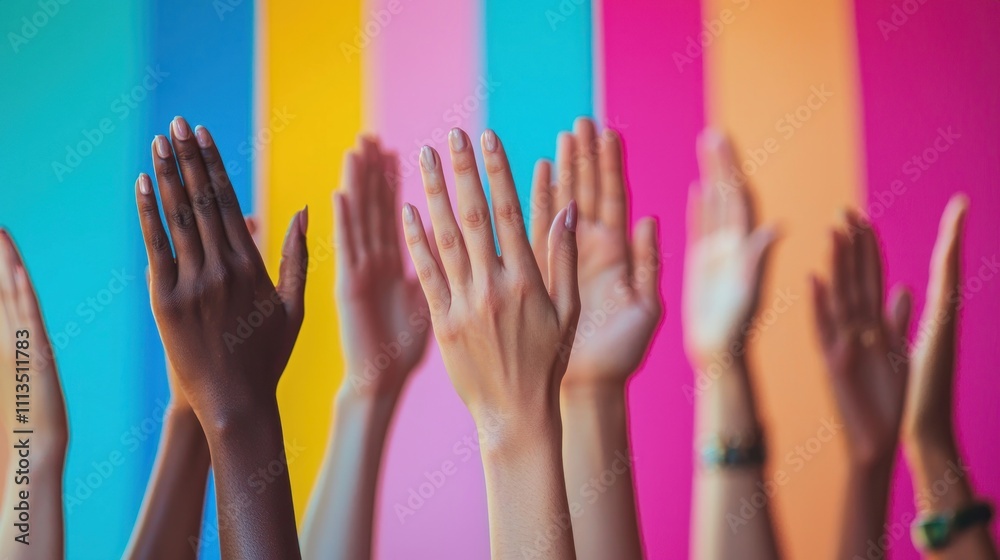 A series of hands of different skin tones clapping together in celebration, set against a vibrant, festive background.