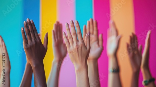 Obraz na płótnie A series of hands of different skin tones clapping together in celebration, set against a vibrant, festive background. w salonie