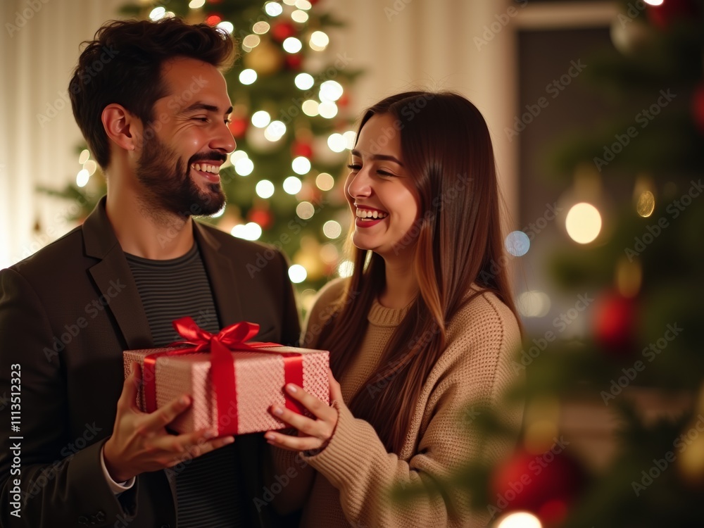 Couple Exchanging a Christmas Gift in a Cozy Room Decorated With Lights and a Festive Tree During the Holiday Season. Christmas and happy new year vibe