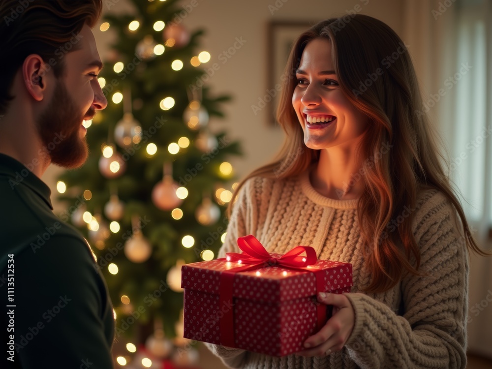 A Joyful Couple Shares a Surprise Gift Exchange by a Beautifully Decorated Christmas Tree During a Cozy Indoor Evening. Christmas and happy new year vibe A Joyful Couple Shares a Surprise Gift Exchange by a Beautifully Decorated Christmas Tree During a Cozy Indoor Evening. Christmas and happy new year vibe