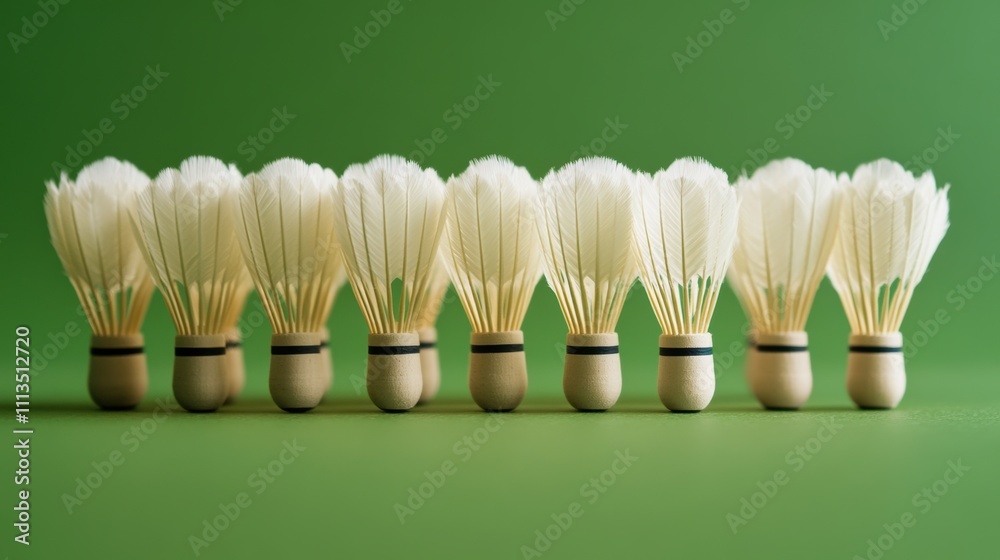 Row of Badminton Shuttlecocks on Green Background Sport Game Equipment Feather Compet Row of Badminton Shuttlecocks on Green Background Sport Game Equipment Feather Compet
