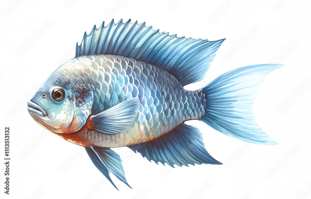 Watercolor Tilapia fish species on white background Watercolor Tilapia fish species on white background