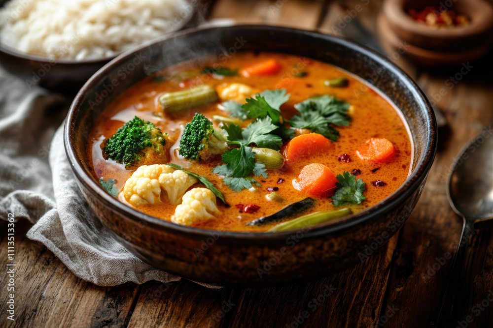 vegetable curry featuring cauliflower, broccoli, okra, carrots, and aubergines. AI generative. vegetable curry featuring cauliflower, broccoli, okra, carrots, and aubergines. AI generative.