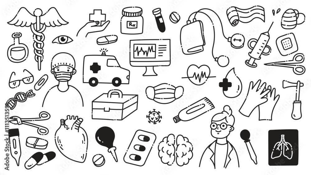 Obraz premium Medical and Healthcare Doodle Icon Set | Hand-Drawn Line Art Illustrations of Doctors, Nurses, Medical Equipment, and Healthcare Tools for Design Projects
