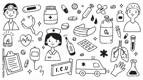 Medical and Healthcare Doodle Icon Set | Hand-Drawn Line Art Illustrations of Doctors, Nurses, Medical Equipment, and Healthcare Tools for Design Projects