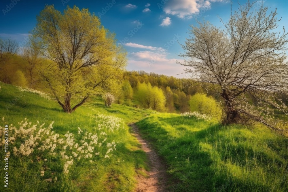 Path through green meadow with white flowers, under a blue sky with clouds and trees. AI generative. . Path through green meadow with white flowers, under a blue sky with clouds and trees. AI generative. .