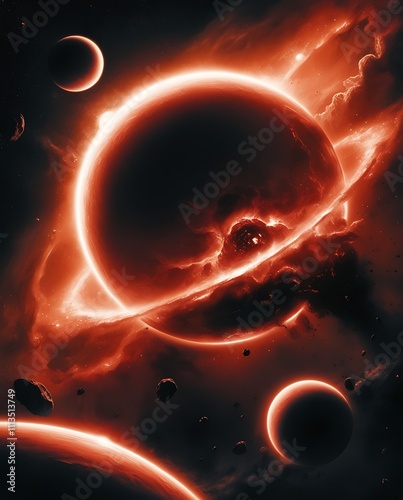 Space planets and stars abstract background illustration with red and orange flamelike rays of light in an astronomical landscape view full of beauties